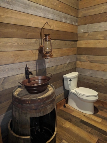 Powder Room with DIY Barrel Sink and Lantern Lights